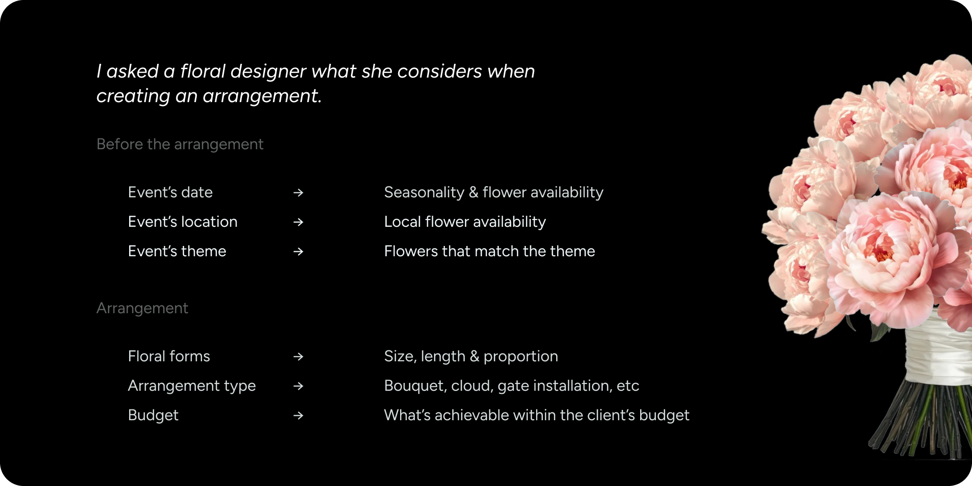 Research on the considerations floral designers make when creating an arrangement