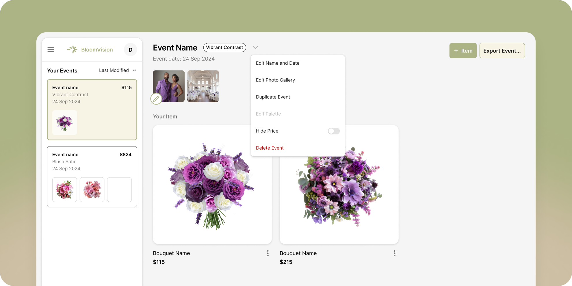 BloomVision event workspace with bouquet concepts