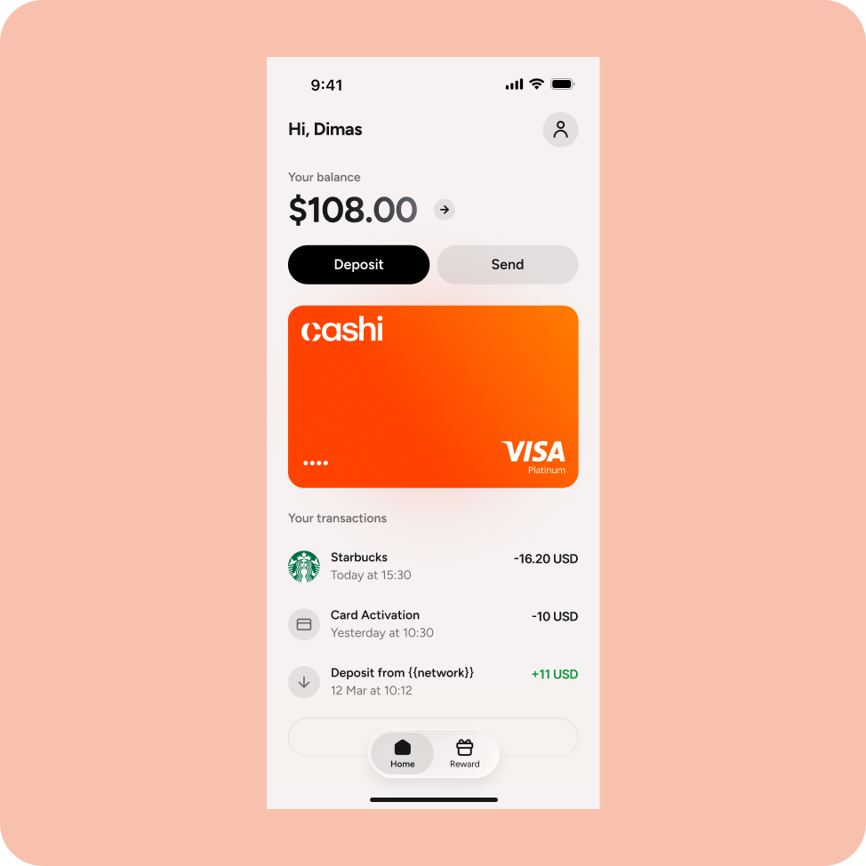 Cashi wallet home screen