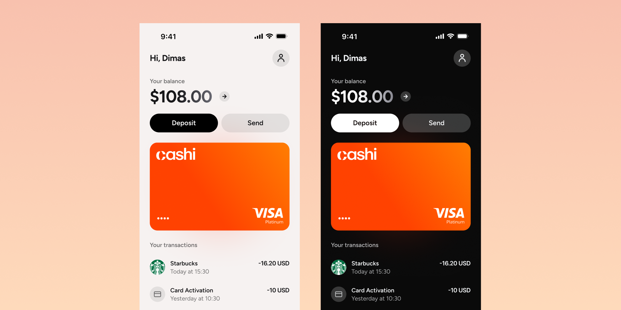 Cashi wallet app shown in light and dark modes