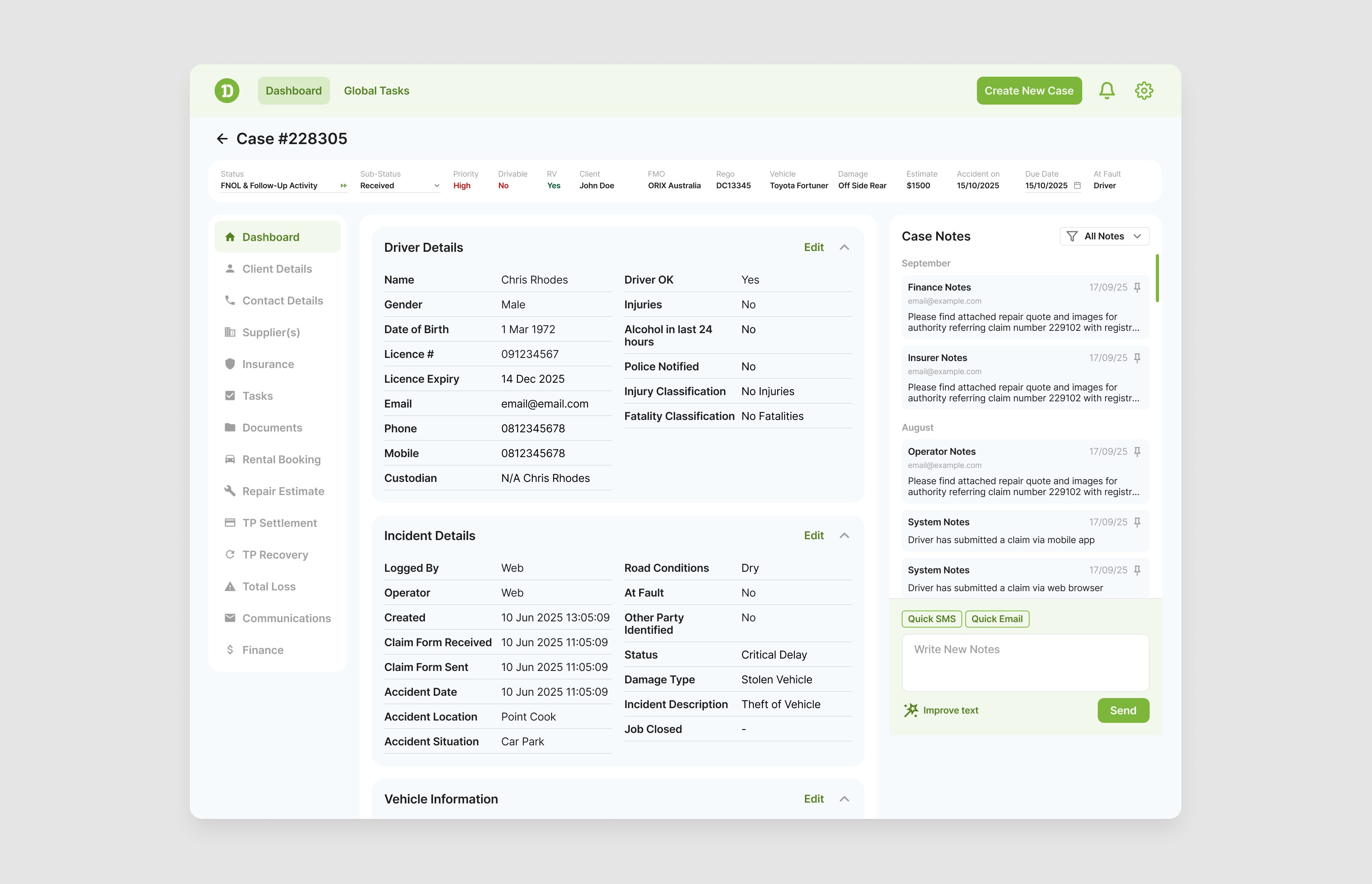 DC accident case details workspace