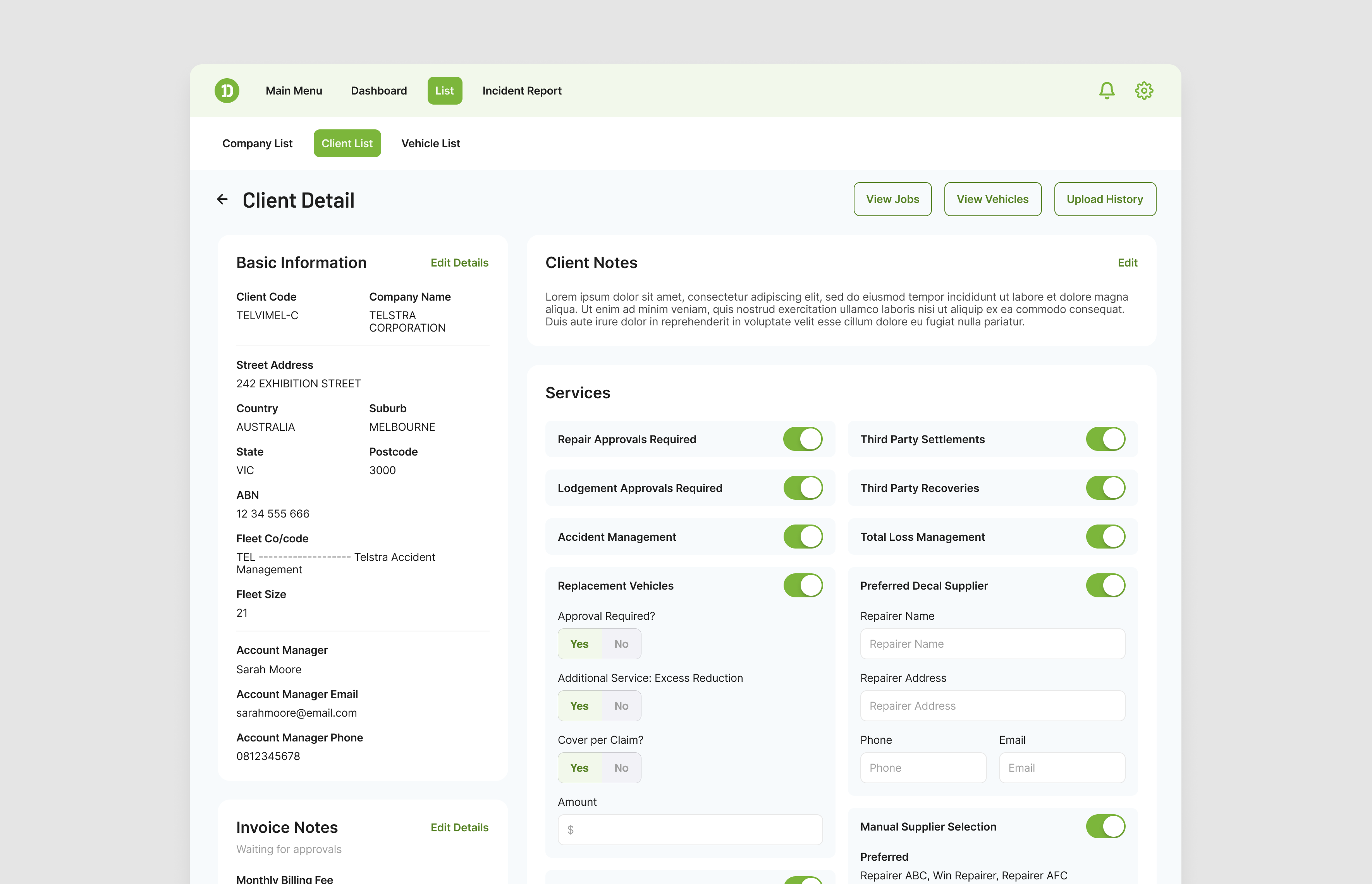 DC client detail workspace