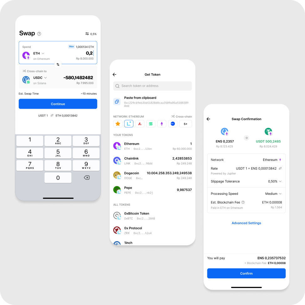 Crypto swap app screens