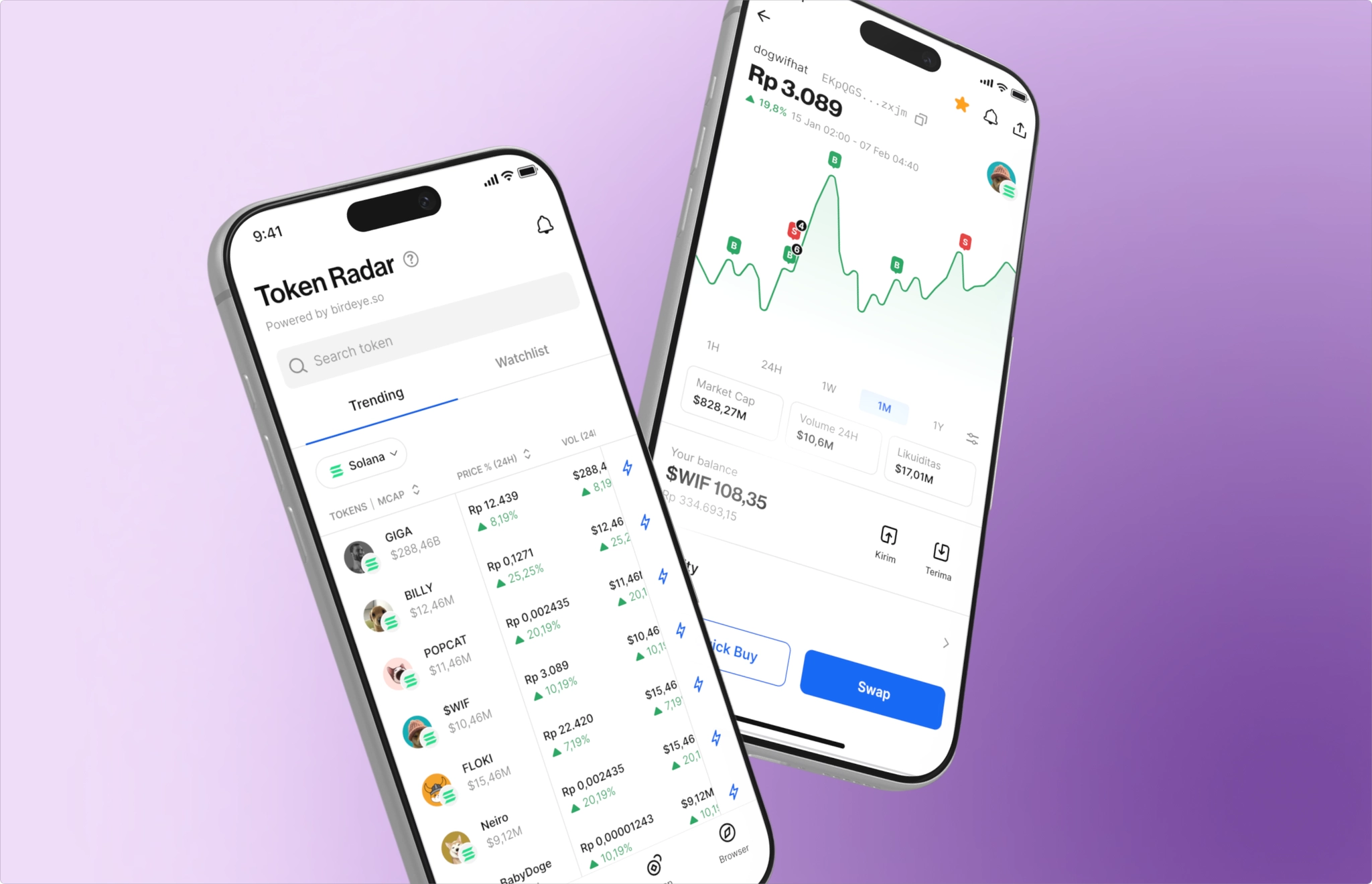 Token Radar mobile interfaces showing token discovery and market details