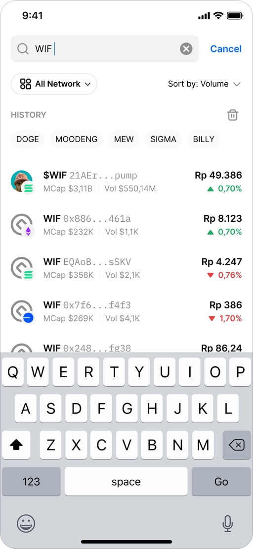Token Radar search results by token name