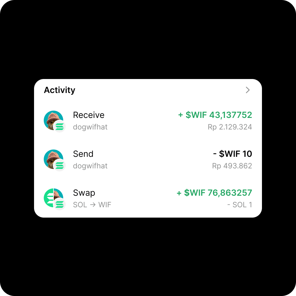 Token activity list showing receive, send, and swap transactions