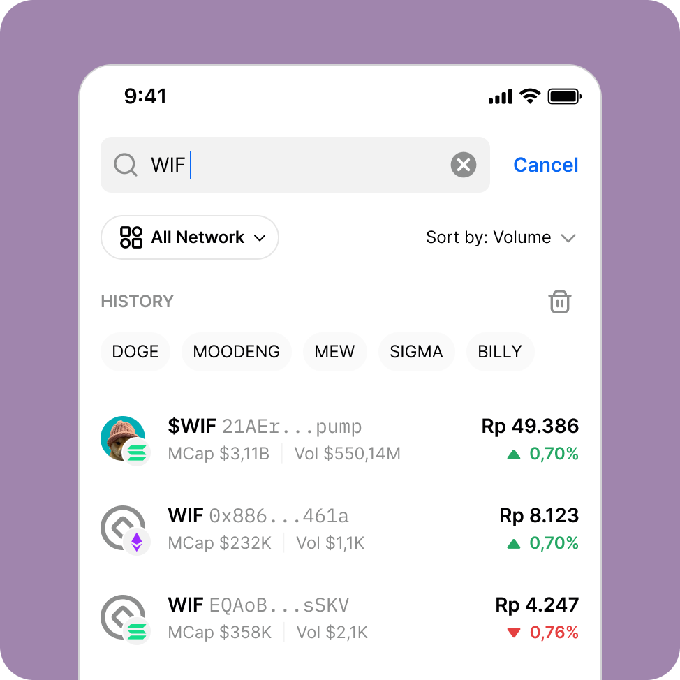 Token Radar search by token name or contract address