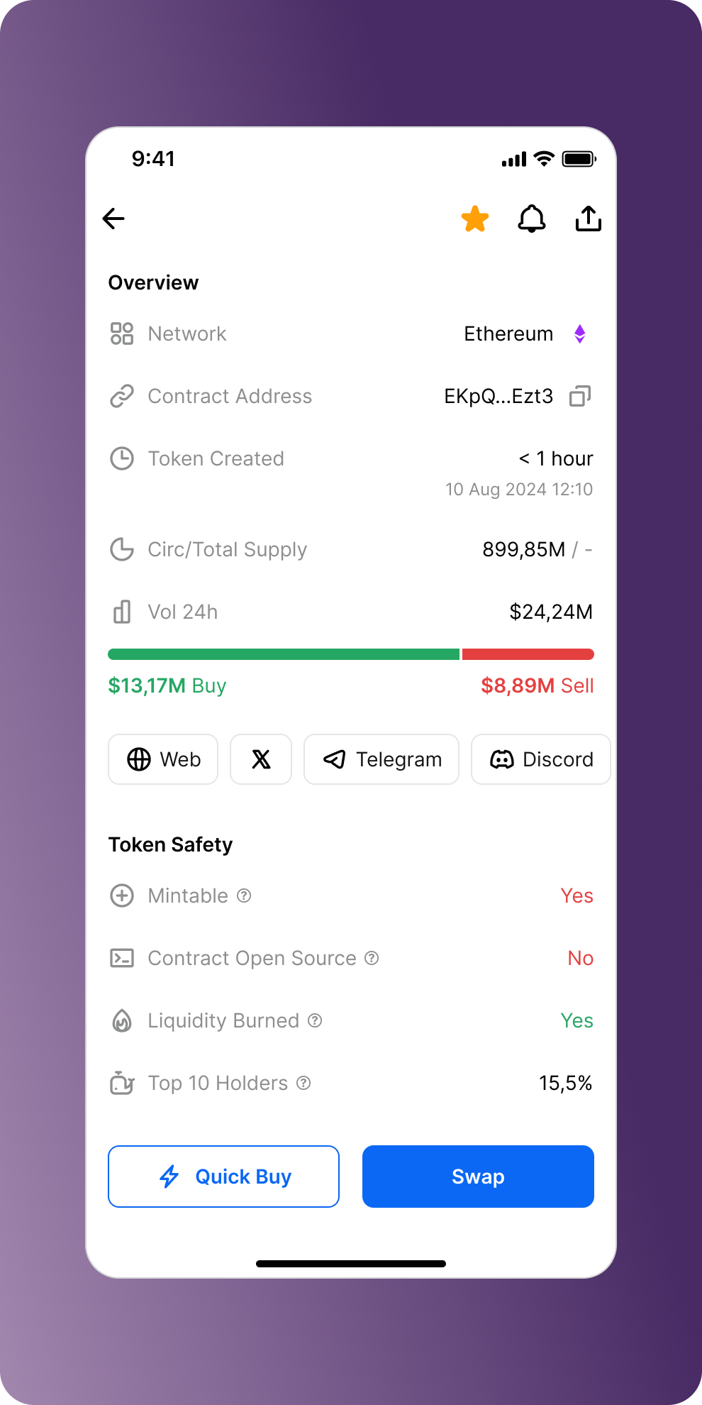 Token safety and market information screen